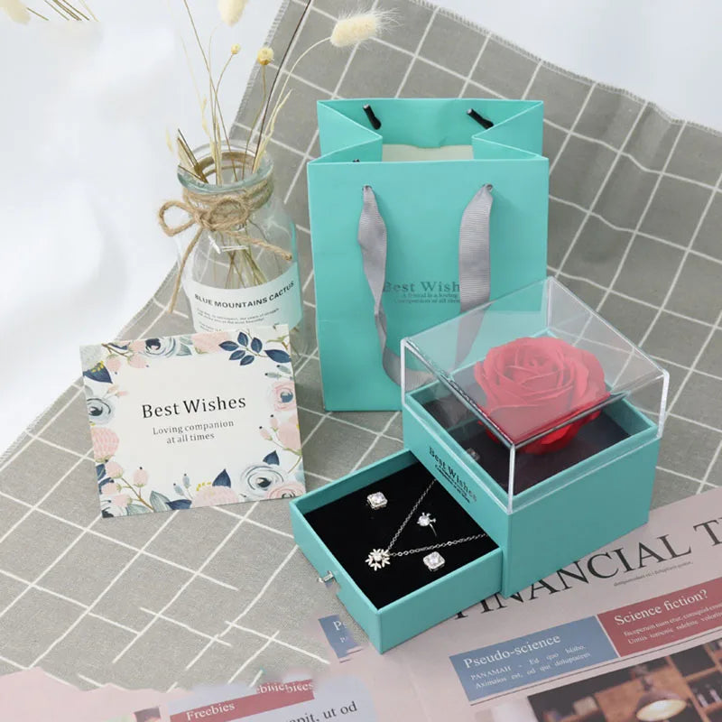 1 Rose Gift Box Artificial Flower Box+Carry Bag Ring Jewelry Storage Box Christmas Valentine's Day Mom Wedding Girlfriend Gifts