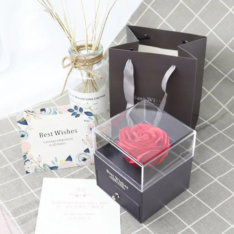 1 Rose Gift Box Artificial Flower Box+Carry Bag Ring Jewelry Storage Box Christmas Valentine's Day Mom Wedding Girlfriend Gifts