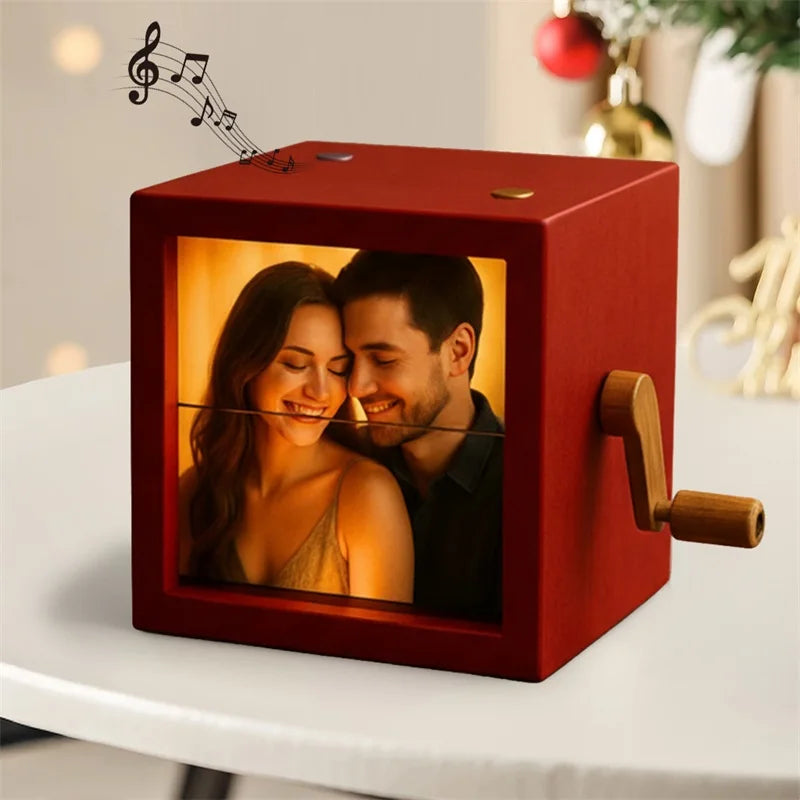 Custom Personalized Photo Flip Book Frame 8 or 16 photos – Wooden Rotating Memory Box with Light