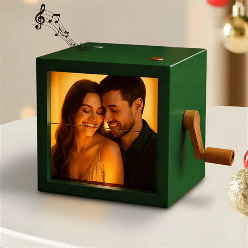 Custom Personalized Photo Flip Book Frame 8 or 16 photos – Wooden Rotating Memory Box with Light