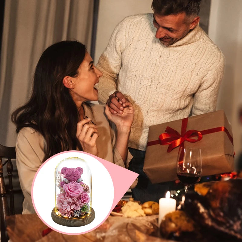 Eternal Rose in Glass Dome with LED Lights - Mother's Day or Valentine's Gift