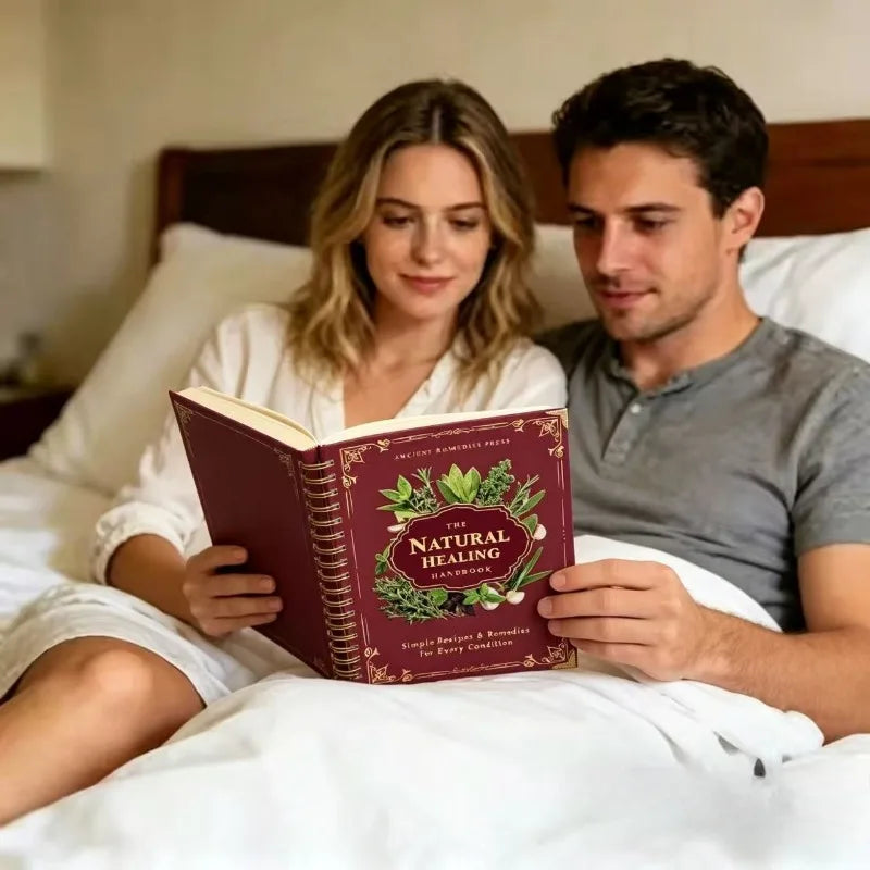 Man and woman reading 'The Natural Healing' book together in bed.