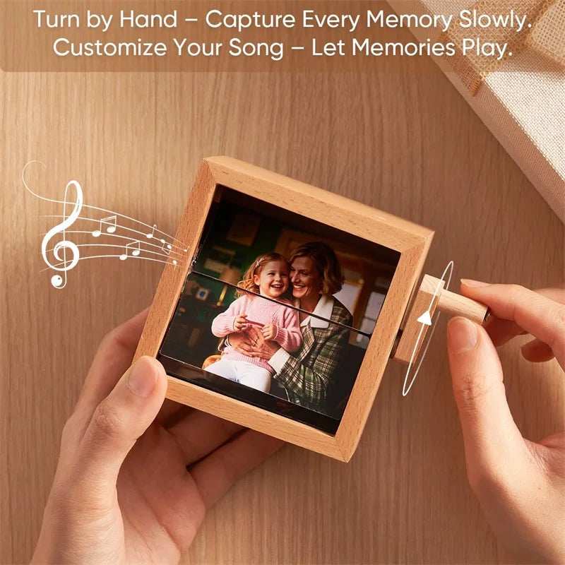 Custom Personalized Photo Flip Book Frame 8 or 16 photos – Wooden Rotating Memory Box with Light