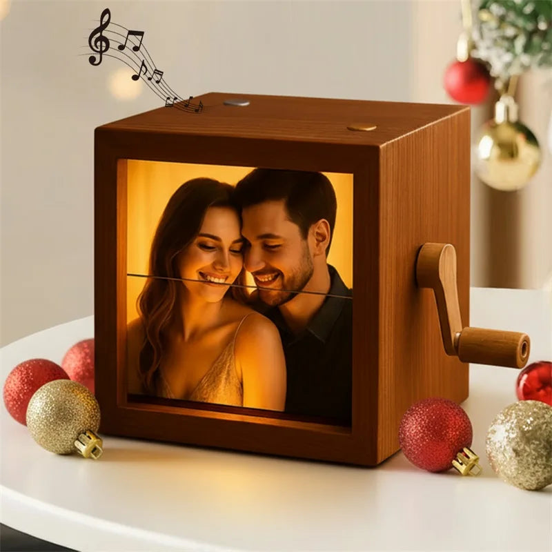 Custom Personalized Photo Flip Book Frame 8 or 16 photos – Wooden Rotating Memory Box with Light