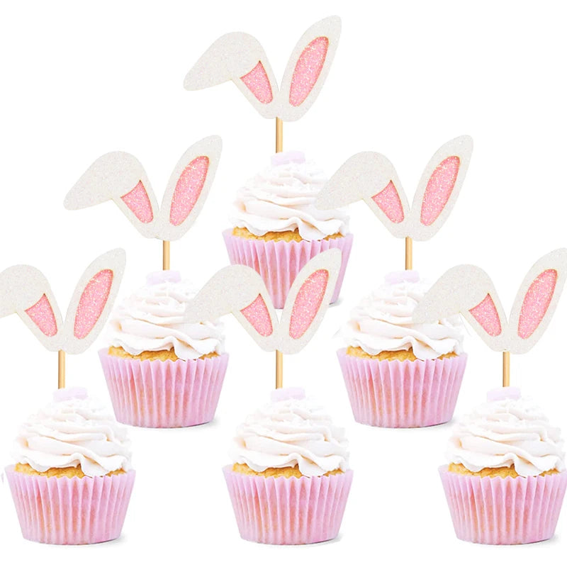 Easter Bunny Ears Cake Toppers - 12 Pack Cute Rabbit Cupcake Picks