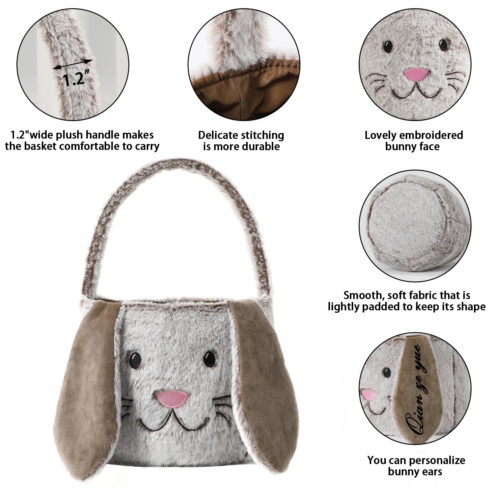 Plush Easter Basket For Kids Soft Fluffy Candy Gift Bag For Boys Girls Cute Easter Bucket Egg Hunt Bunny Bag With Ears Party