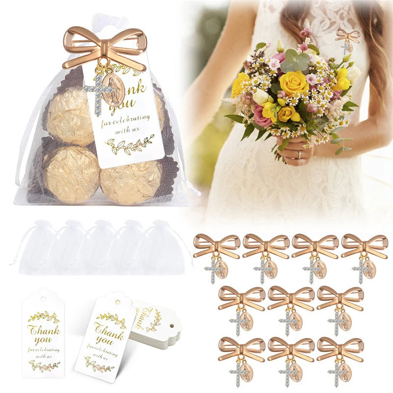 Wedding Favors Gold Bow Brooch Gift Set with Thank You Cards