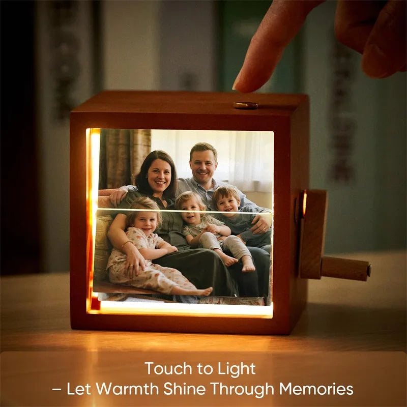 Custom Personalized Photo Flip Book Frame 8 or 16 photos – Wooden Rotating Memory Box with Light