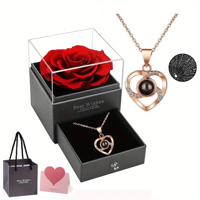 1 Set Artificial Flower Gift Box with I Love You Necklace - Christmas, Valentines Day, Mothers Day,  Anniversary, Birthday Gifts