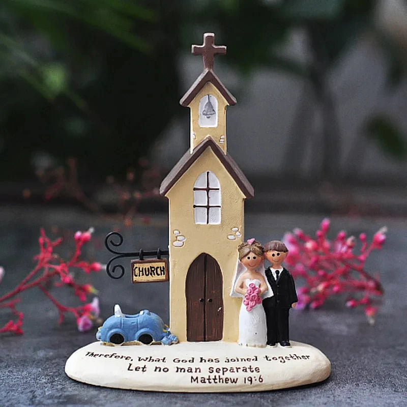 Wedding Cake Topper Bride Groom Figurine - Resin Church Anniversary Decoration