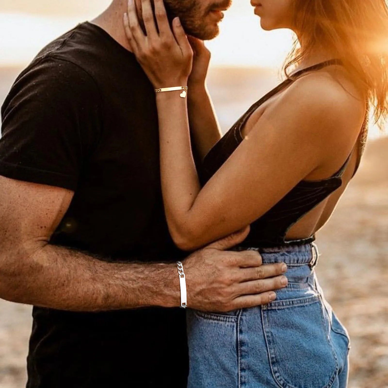 Custom Engraved Matching Couples Bracelets 2pc - Stainless and Gold Personalized Promise Bracelets