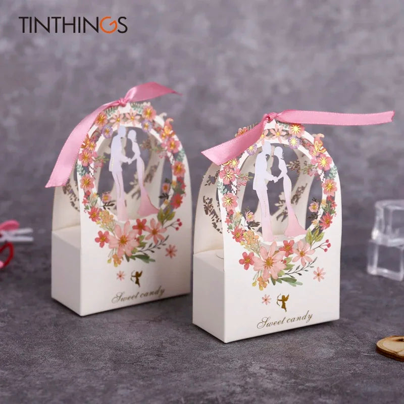 50/100pcs Small Gift Box For Wedding Sweet Candy Bride & Groom Thank You Gift Box For Guest Ribbon Flower Party Favors Supplies