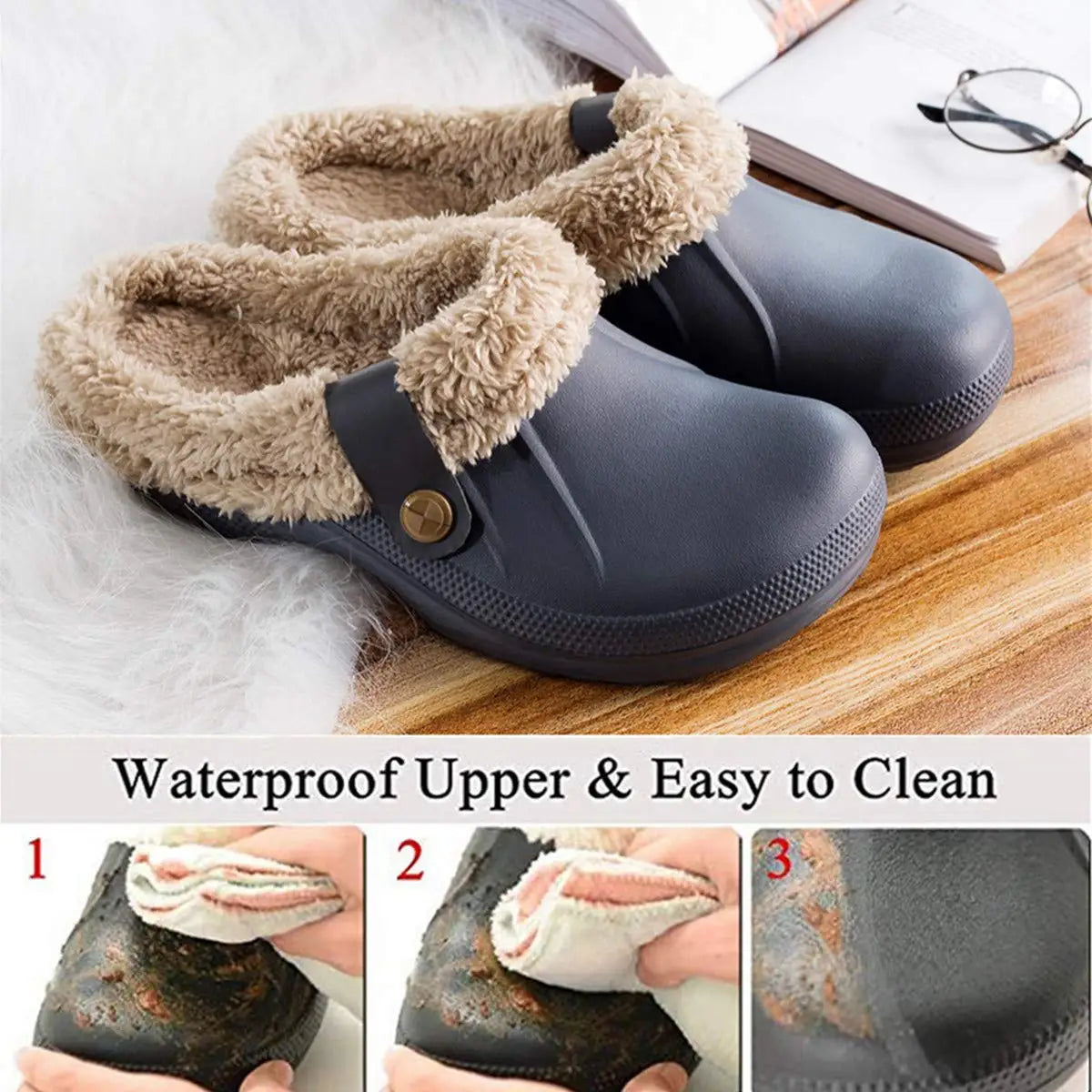 Men's Waterproof Fur Slippers – Warm Non-Slip Winter Shoes