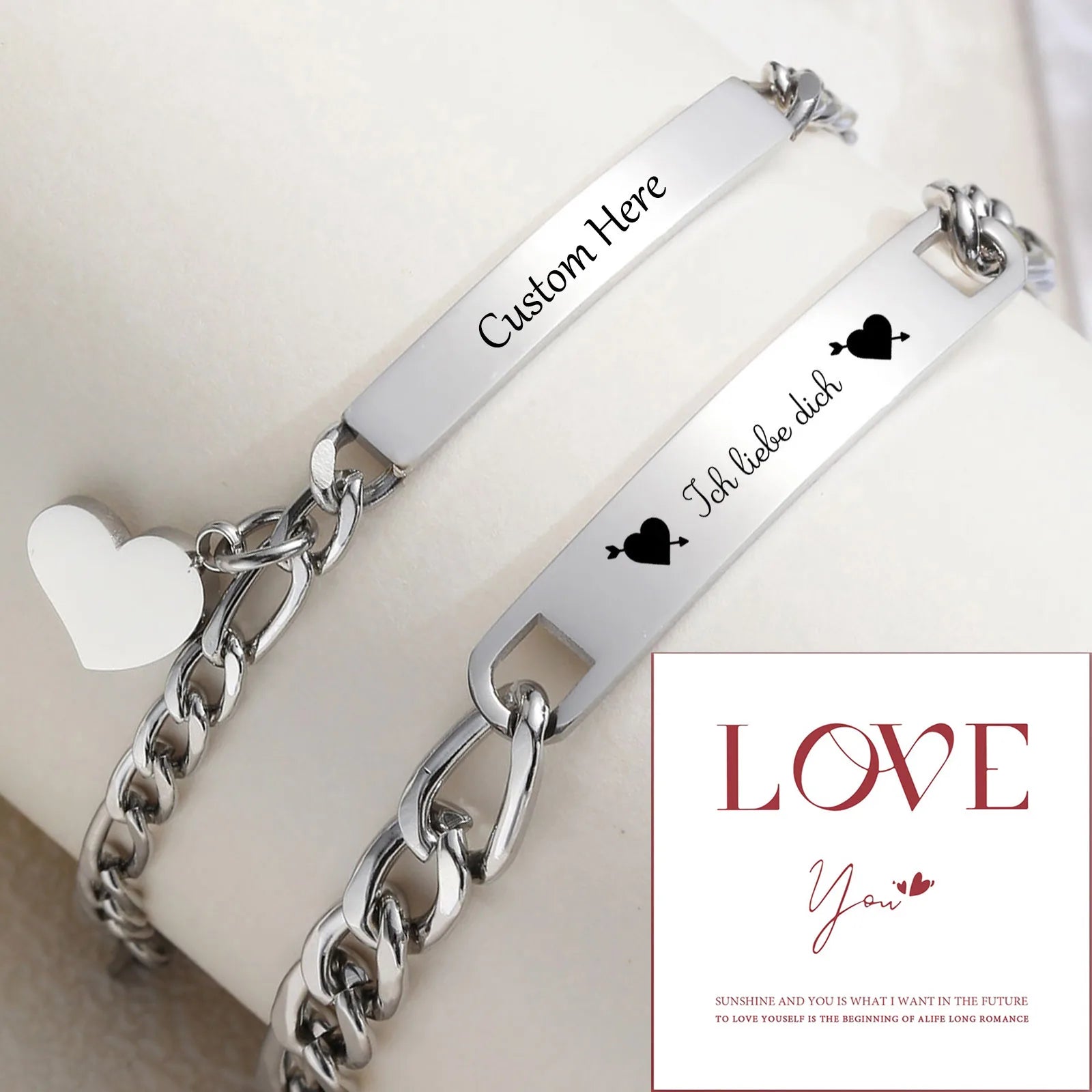 Custom Engraved Matching Couples Bracelets 2pc - Stainless and Gold Personalized Promise Bracelets