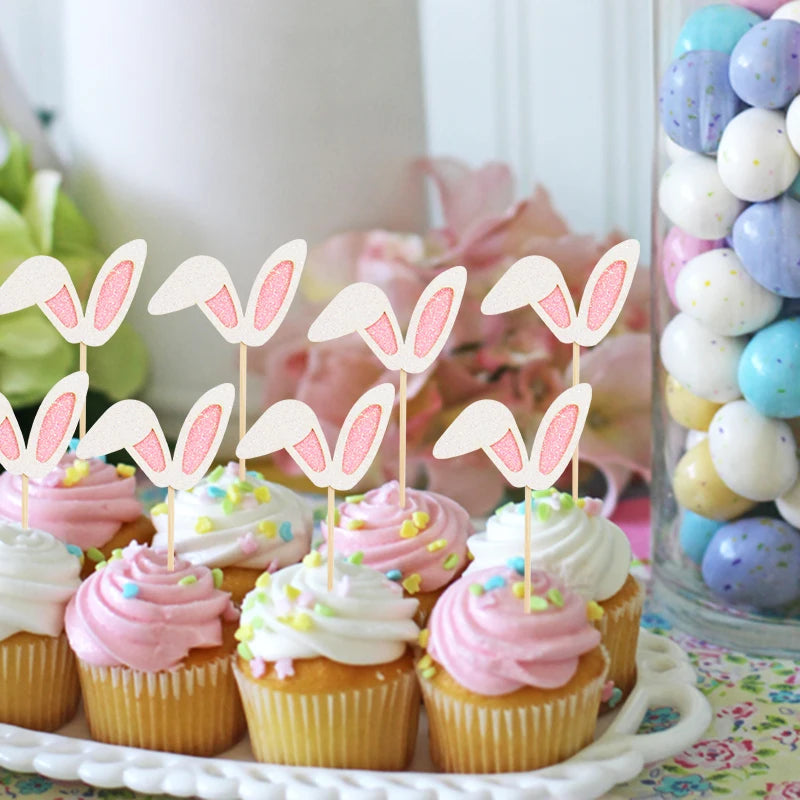 Easter Bunny Ears Cake Toppers - 12 Pack Cute Rabbit Cupcake Picks