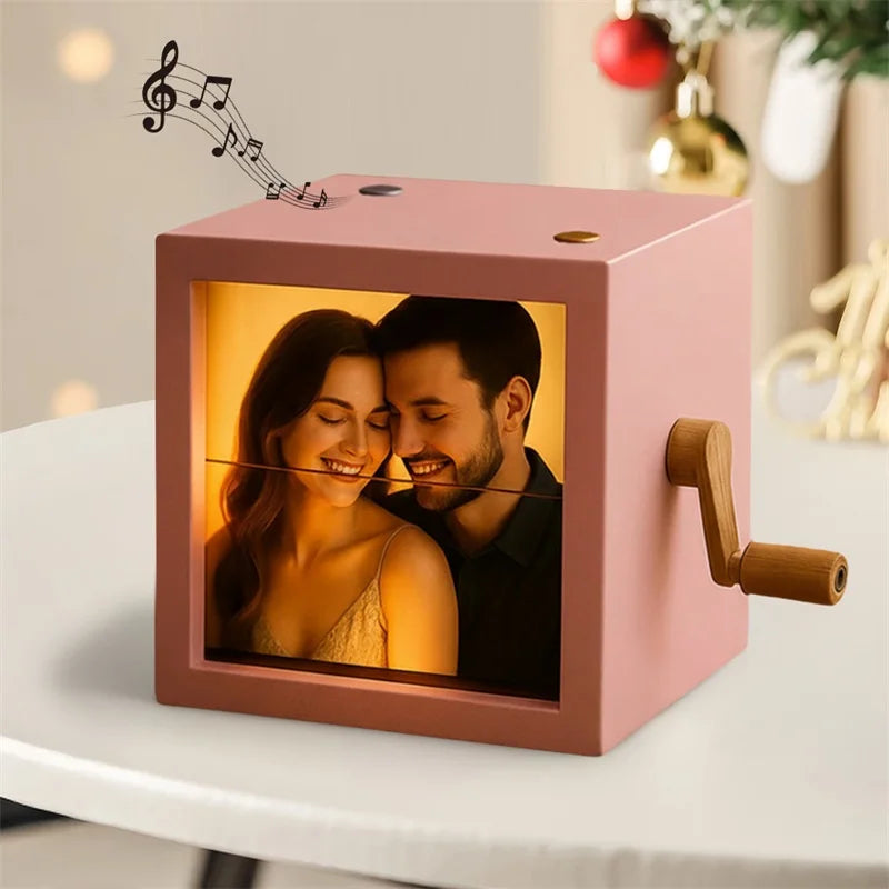 Custom Personalized Photo Flip Book Frame 8 or 16 photos – Wooden Rotating Memory Box with Light