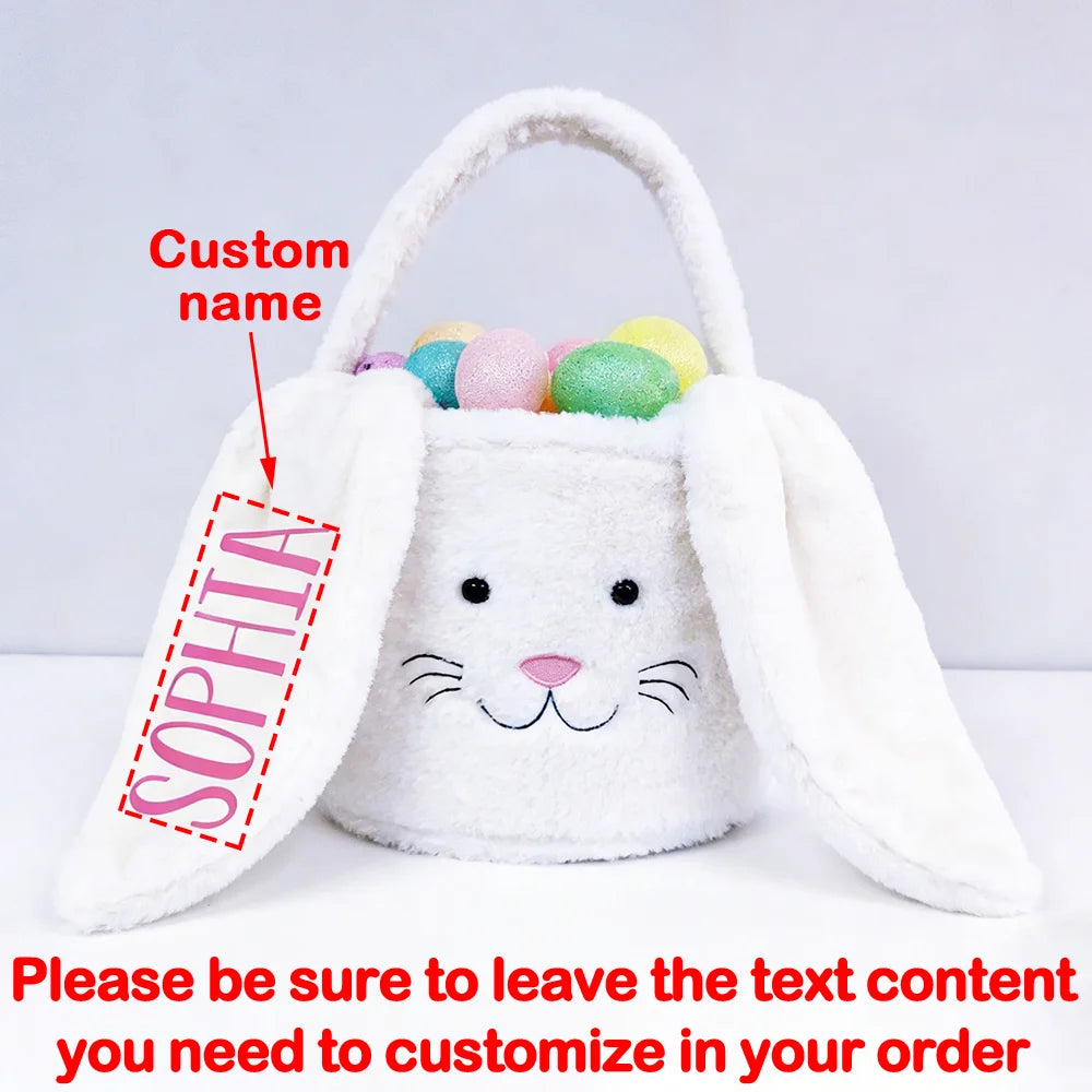 Personalized Easter Bunny Basket - Plush Bunny Ears Egg Hunt Bag for Kids