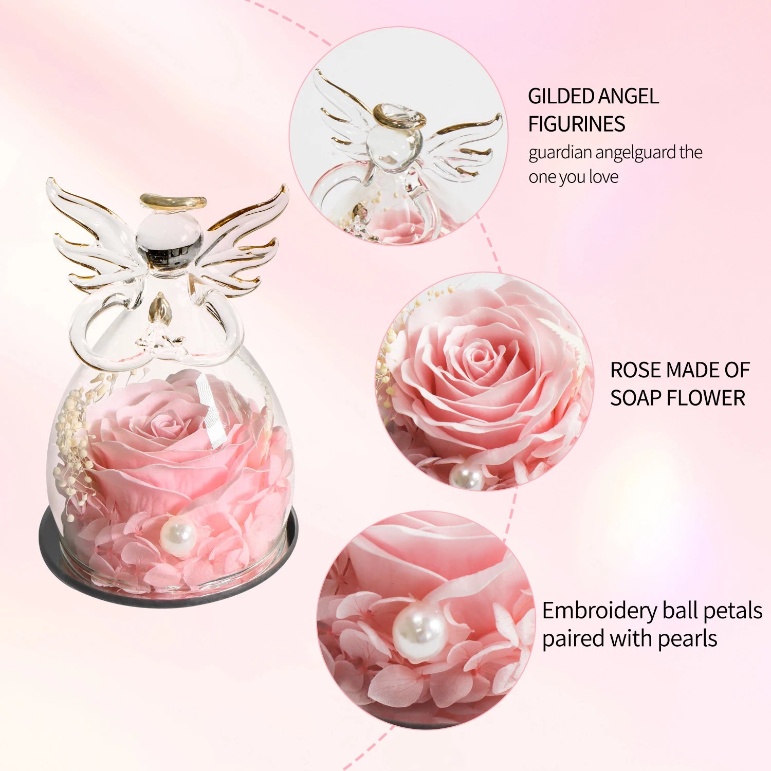 Soap Rose in Angel Glass Dome - Eternal Flower Gift