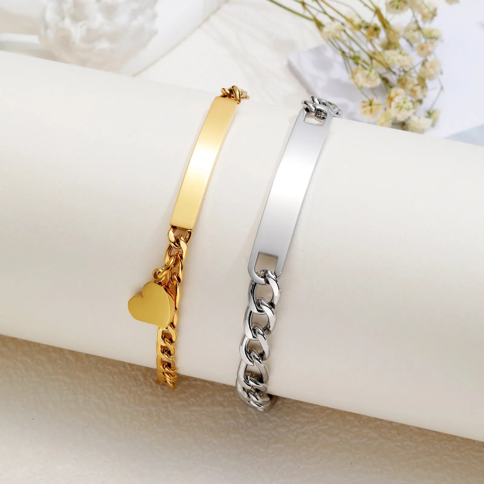 Custom Engraved Matching Couples Bracelets 2pc - Stainless and Gold Personalized Promise Bracelets