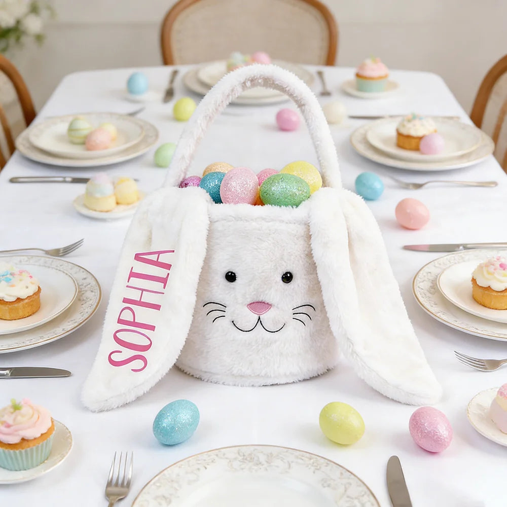Personalized Easter Bunny Basket - Plush Bunny Ears Egg Hunt Bag for Kids