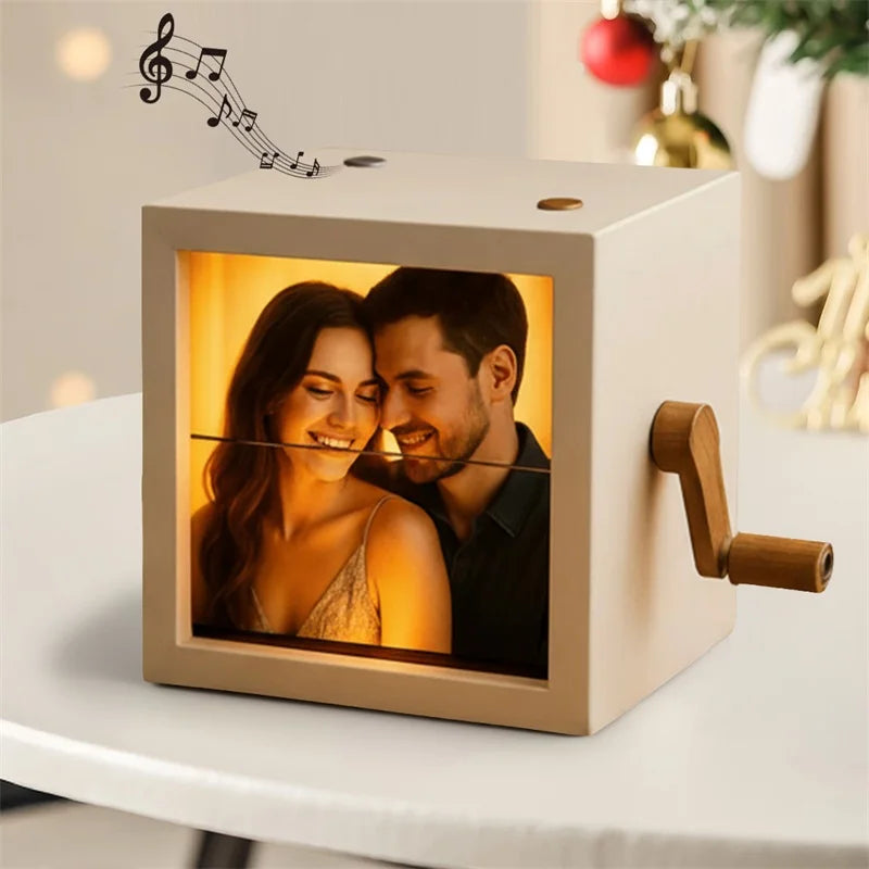 Custom Personalized Photo Flip Book Frame 8 or 16 photos – Wooden Rotating Memory Box with Light