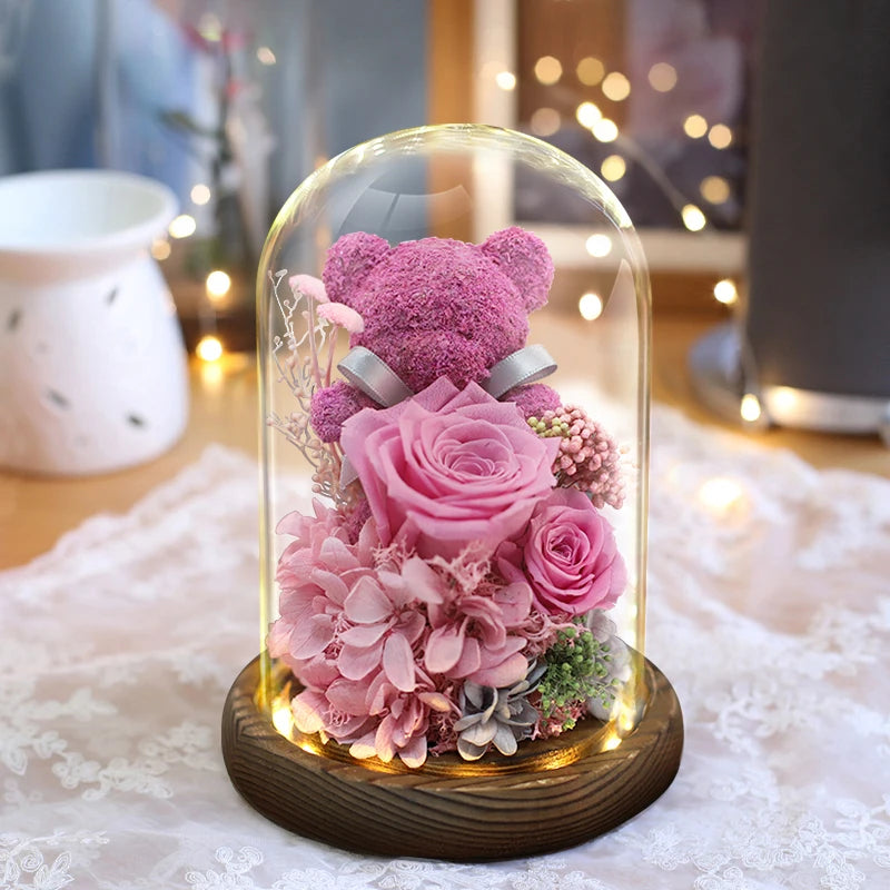 Eternal Rose in Glass Dome with LED Lights - Mother's Day or Valentine's Gift