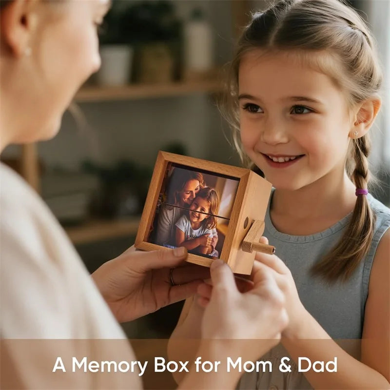 Custom Personalized Photo Flip Book Frame 8 or 16 photos – Wooden Rotating Memory Box with Light