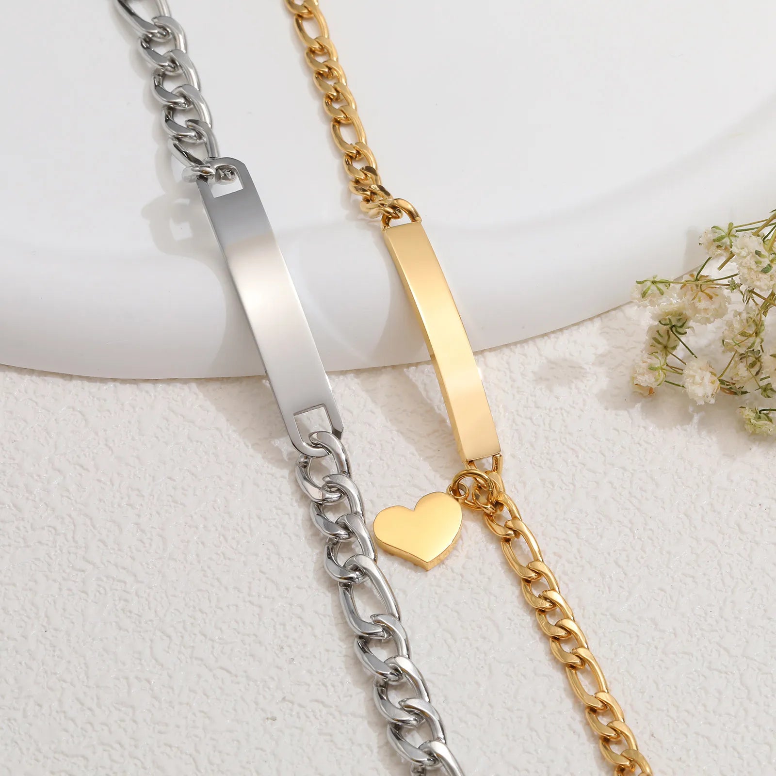 Custom Engraved Matching Couples Bracelets 2pc - Stainless and Gold Personalized Promise Bracelets