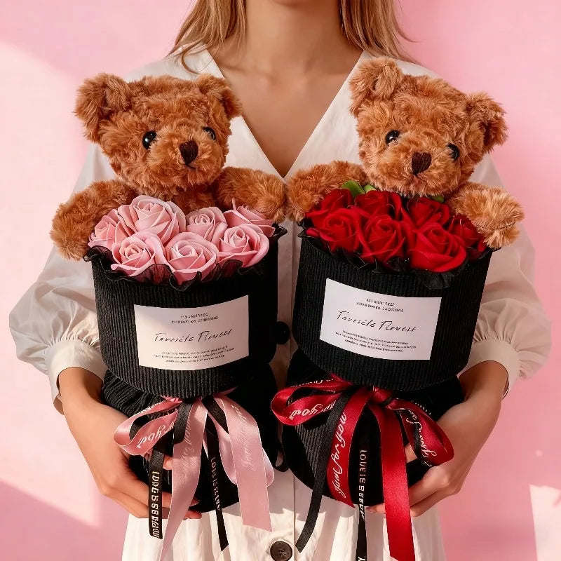 Valentine's Day Gift for Her Rose Bear Bouquet Artificial Flower with Cute Teddy for Decor Wedding Anniversary Birthday Present