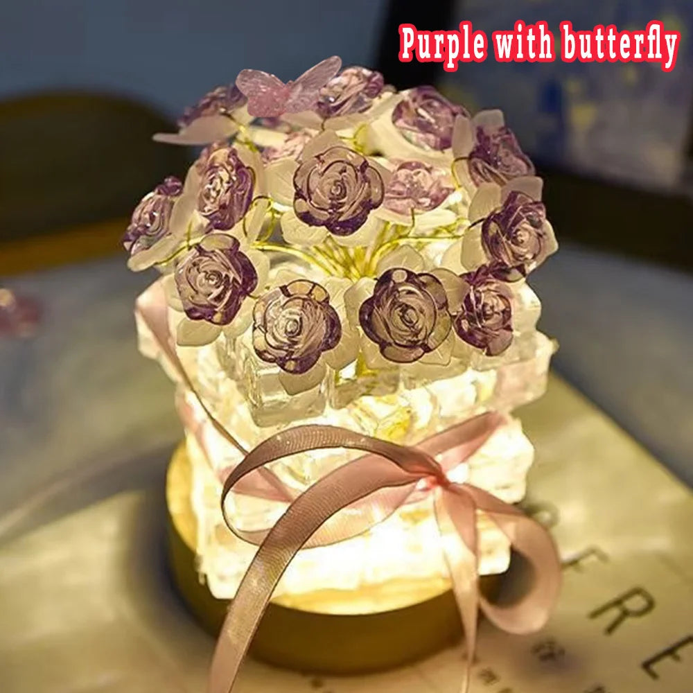 DIY Handmade Valentine's Day Birthday Gift Simulation Rose Flower Bedroom Sleeping Ice Cube Table Light Handmade Craft Decor