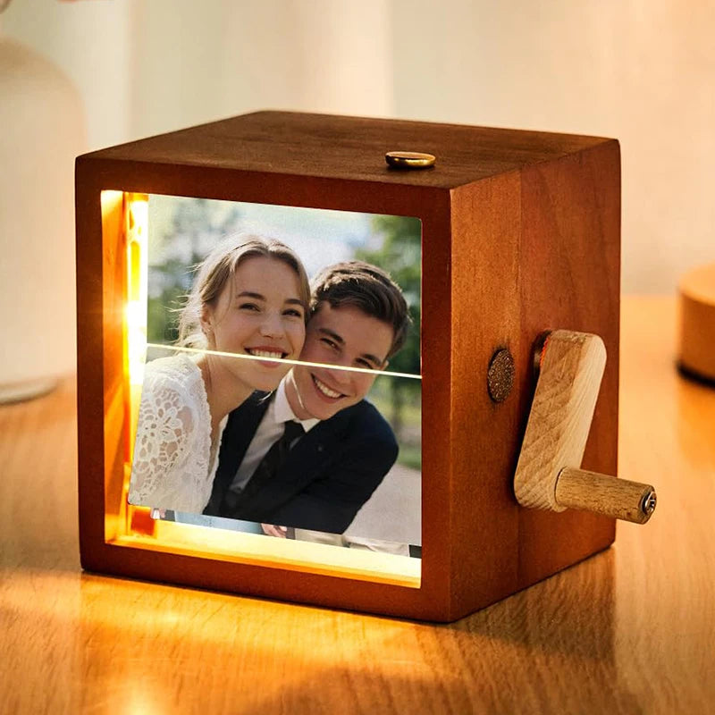 Custom Personalized Photo Flip Book Frame 8 or 16 photos – Wooden Rotating Memory Box with Light