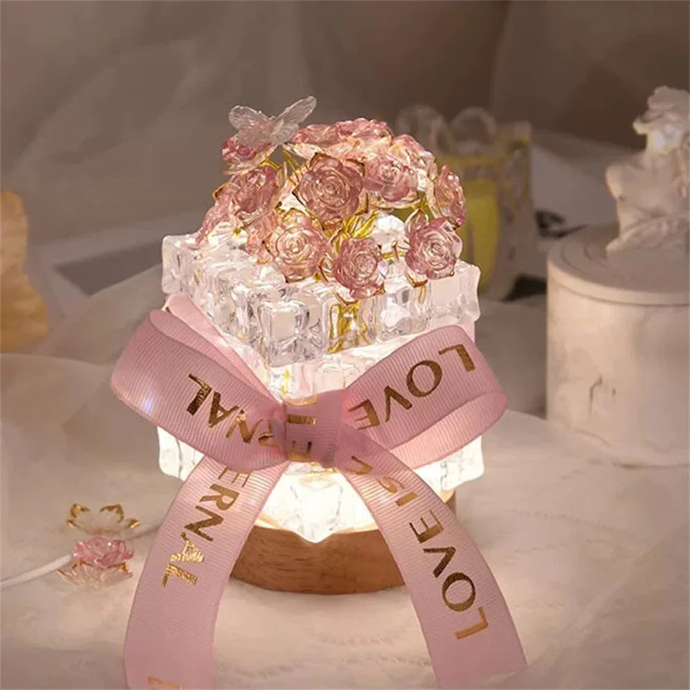 DIY Handmade Valentine's Day Birthday Gift Simulation Rose Flower Bedroom Sleeping Ice Cube Table Light Handmade Craft Decor