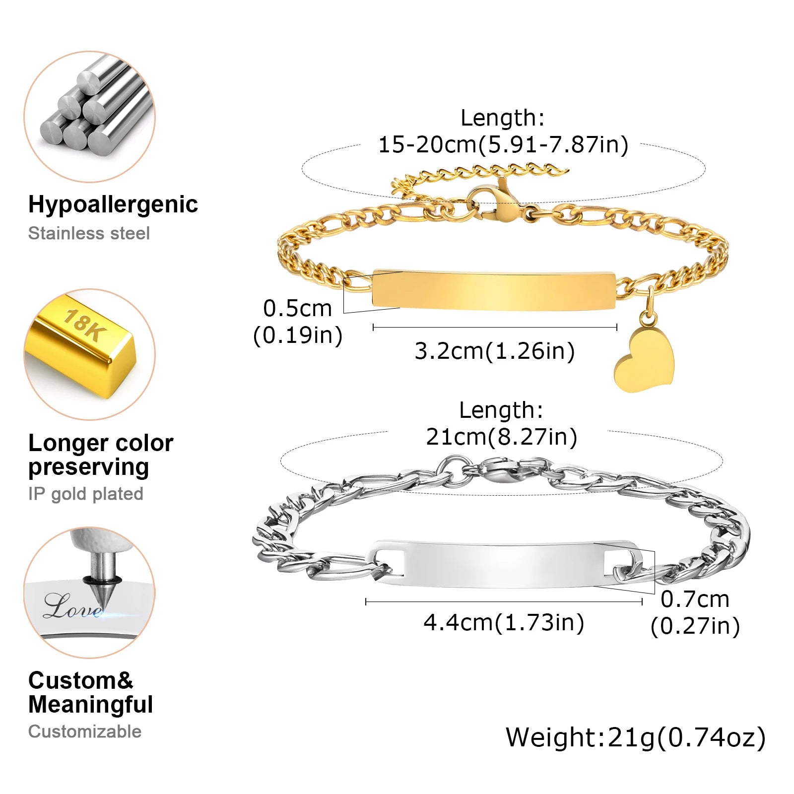 Custom Engraved Matching Couples Bracelets 2pc - Stainless and Gold Personalized Promise Bracelets
