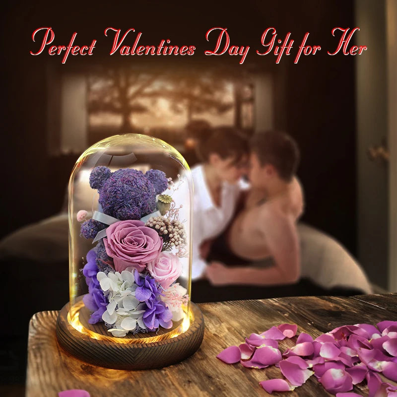 Eternal Rose in Glass Dome with LED Lights - Mother's Day or Valentine's Gift