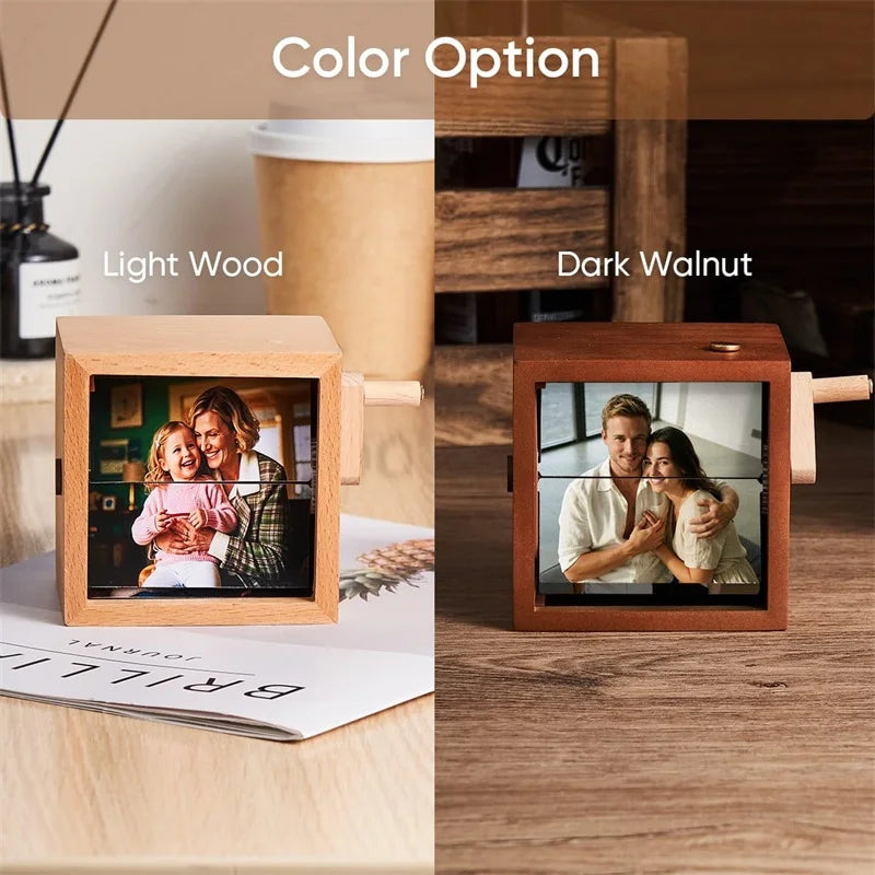 Custom Personalized Photo Flip Book Frame 8 or 16 photos – Wooden Rotating Memory Box with Light