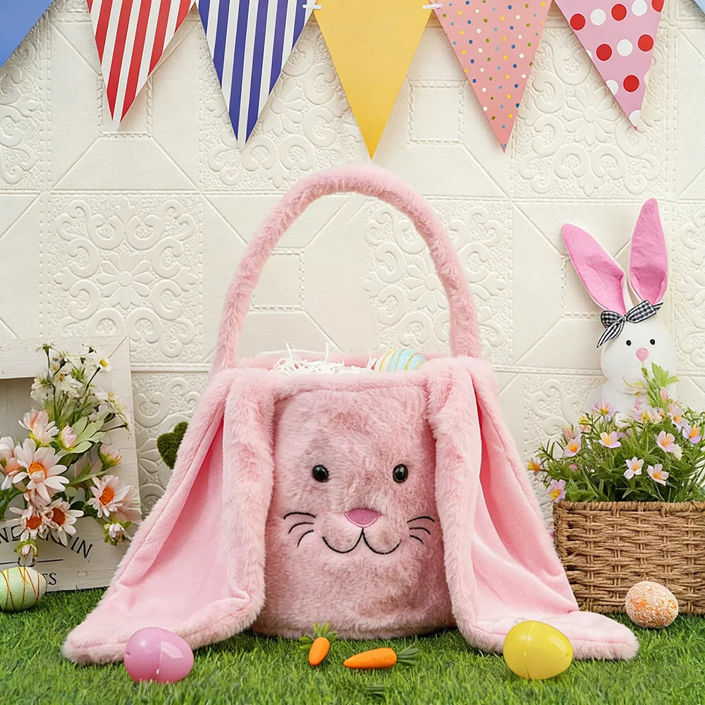 Personalized Easter Bunny Basket - Plush Bunny Ears Egg Hunt Bag for Kids