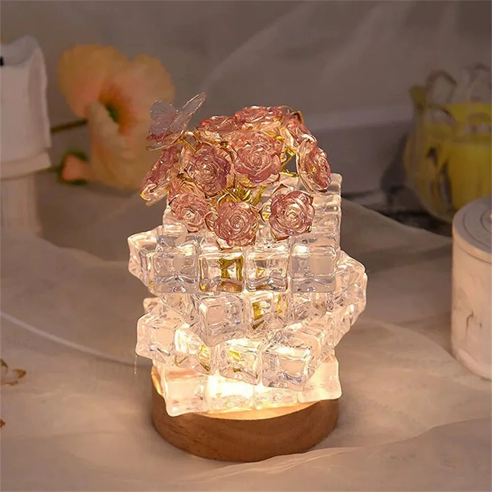 DIY Handmade Valentine's Day Birthday Gift Simulation Rose Flower Bedroom Sleeping Ice Cube Table Light Handmade Craft Decor