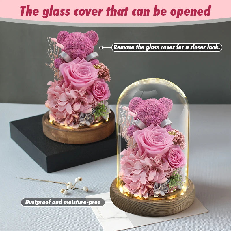 Eternal Rose in Glass Dome with LED Lights - Mother's Day or Valentine's Gift