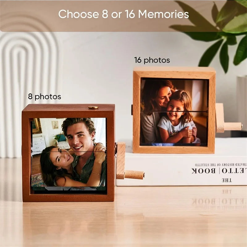Custom Personalized Photo Flip Book Frame 8 or 16 photos – Wooden Rotating Memory Box with Light