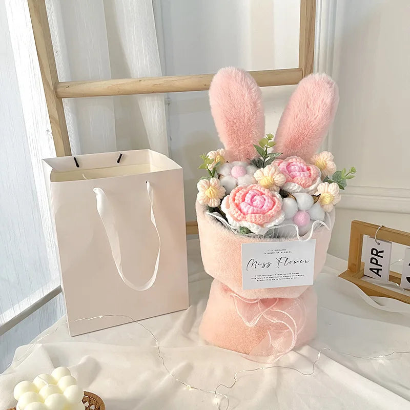 Easter Bunny Plush Knitted Rabbit Bouquet - Cute Bunny Ears Gift