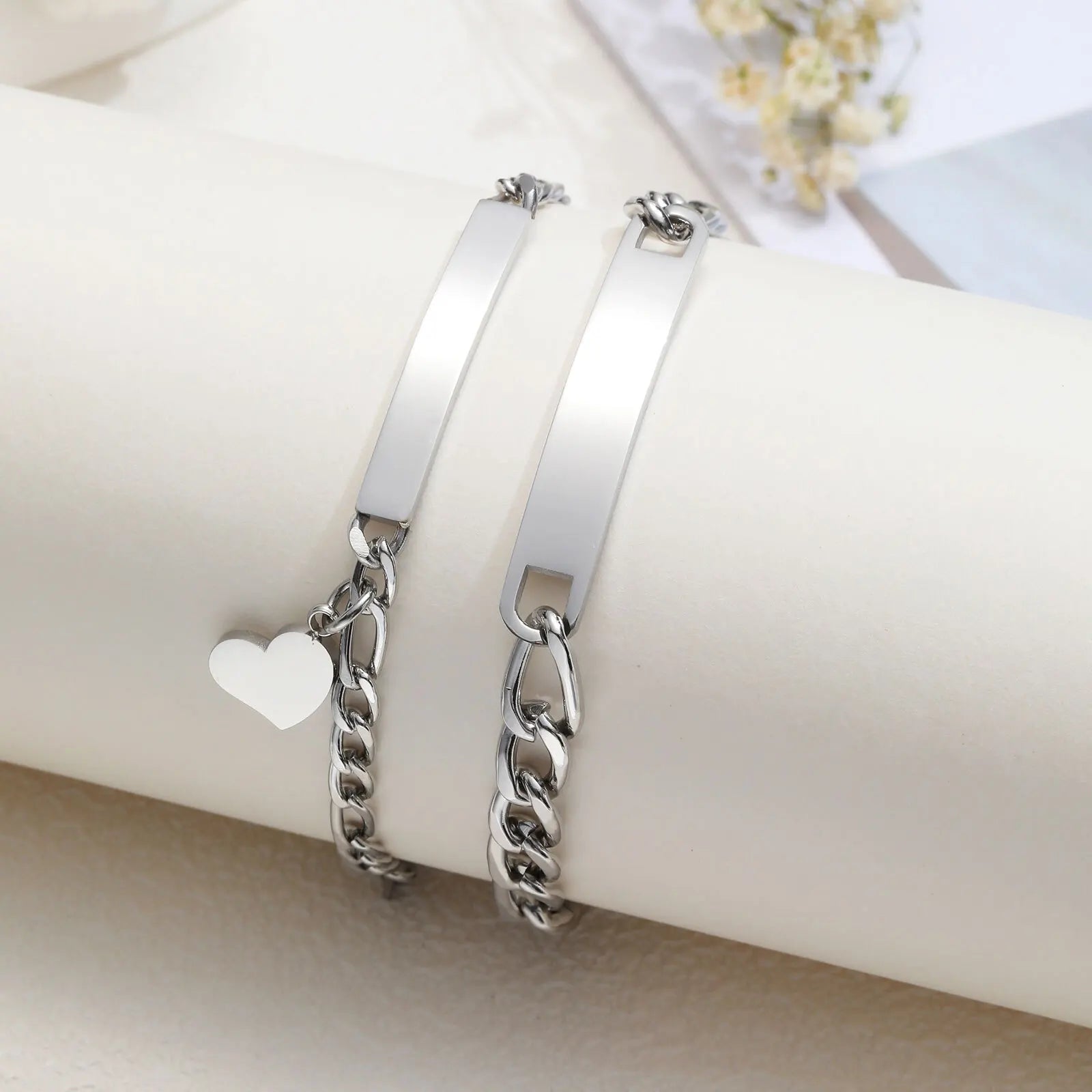 Custom Engraved Matching Couples Bracelets 2pc - Stainless and Gold Personalized Promise Bracelets