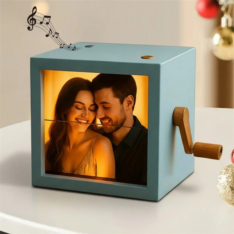 Custom Personalized Photo Flip Book Frame 8 or 16 photos – Wooden Rotating Memory Box with Light
