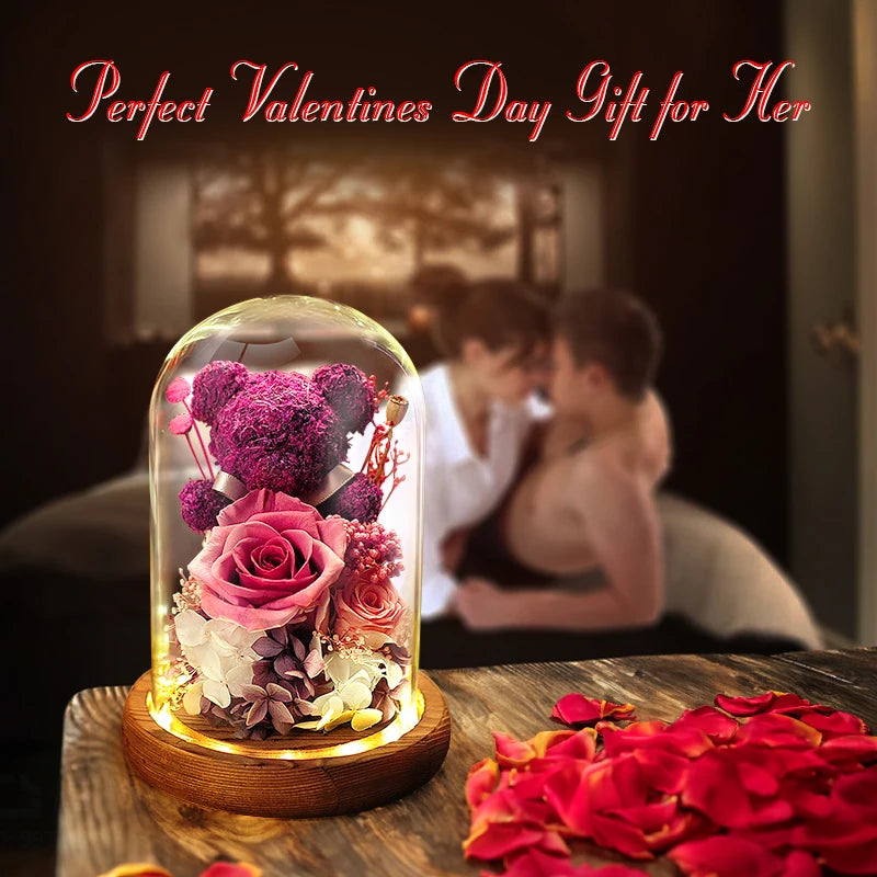 Eternal Rose in Glass Dome with LED Lights - Mother's Day or Valentine's Gift