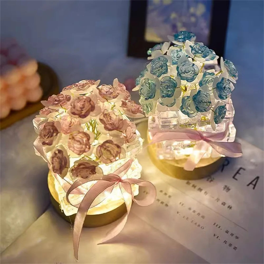 DIY Handmade Valentine's Day Birthday Gift Simulation Rose Flower Bedroom Sleeping Ice Cube Table Light Handmade Craft Decor