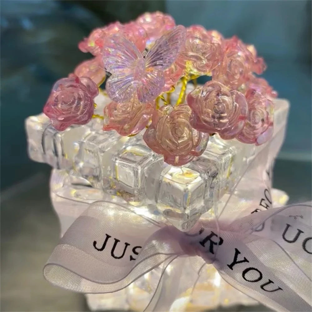 DIY Handmade Valentine's Day Birthday Gift Simulation Rose Flower Bedroom Sleeping Ice Cube Table Light Handmade Craft Decor