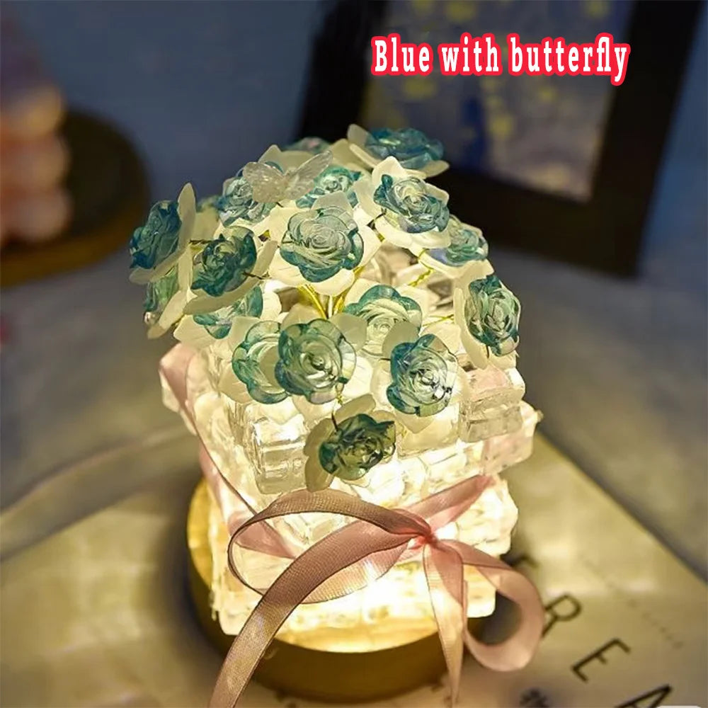 DIY Handmade Valentine's Day Birthday Gift Simulation Rose Flower Bedroom Sleeping Ice Cube Table Light Handmade Craft Decor