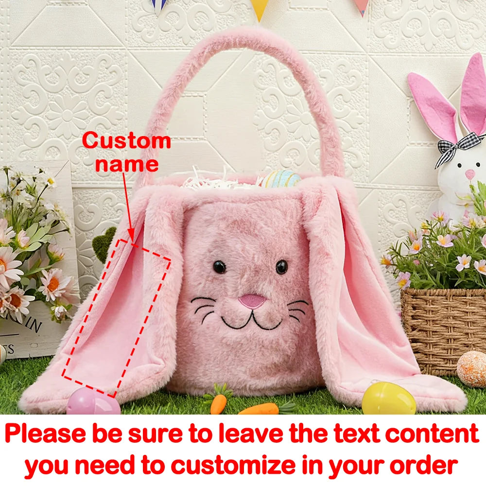 Personalized Easter Bunny Basket - Plush Bunny Ears Egg Hunt Bag for Kids