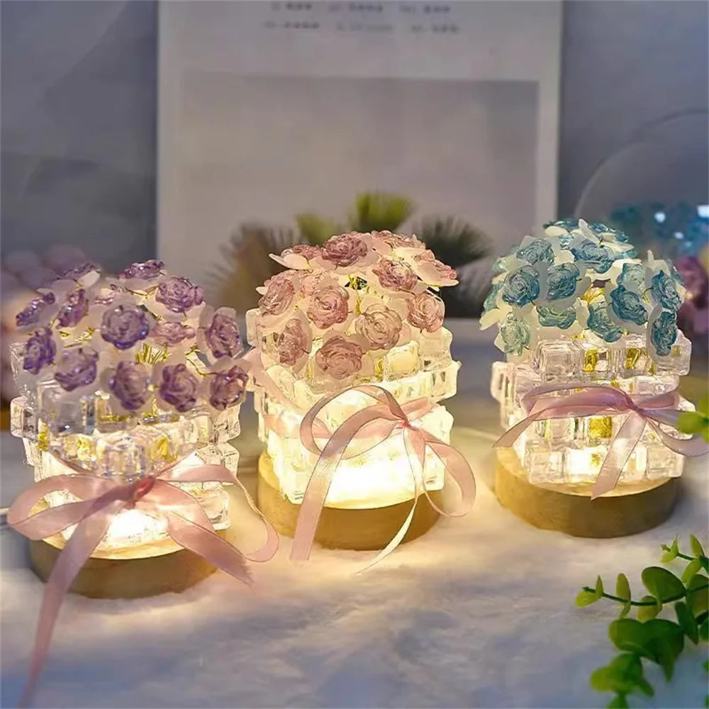DIY Handmade Valentine's Day Birthday Gift Simulation Rose Flower Bedroom Sleeping Ice Cube Table Light Handmade Craft Decor