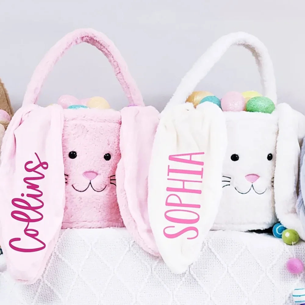 Personalized Easter Bunny Basket - Plush Bunny Ears Egg Hunt Bag for Kids