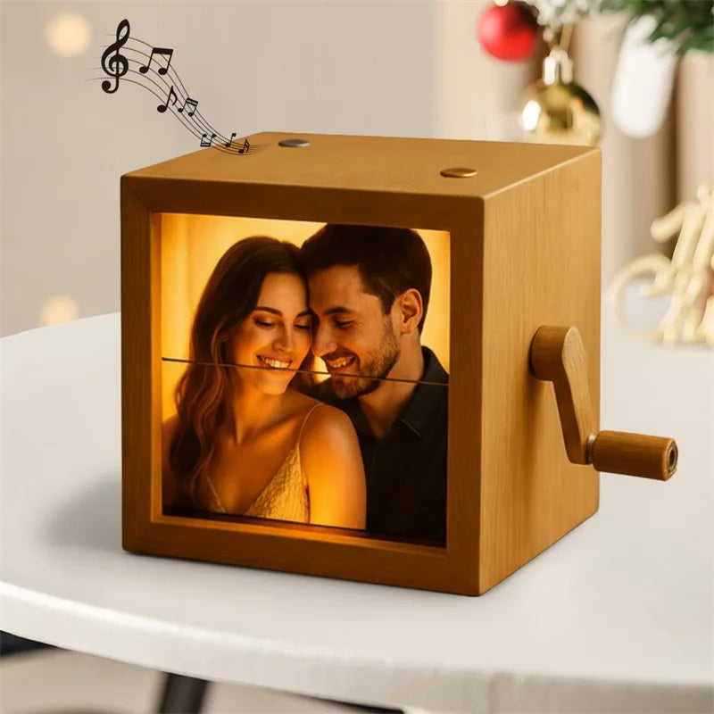 Custom Personalized Photo Flip Book Frame 8 or 16 photos – Wooden Rotating Memory Box with Light
